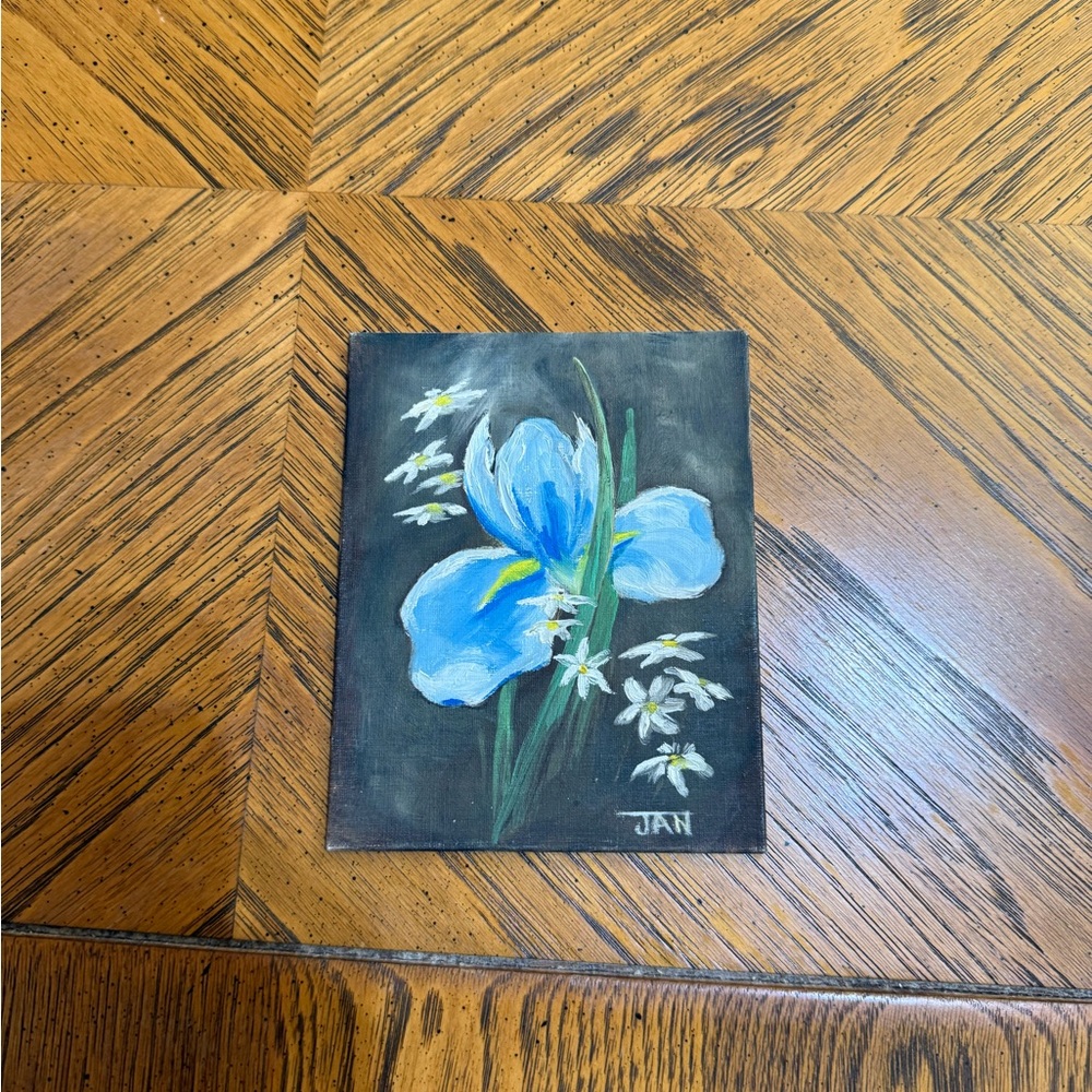 Vintage Original 4x5 Floral Blue and White Painting